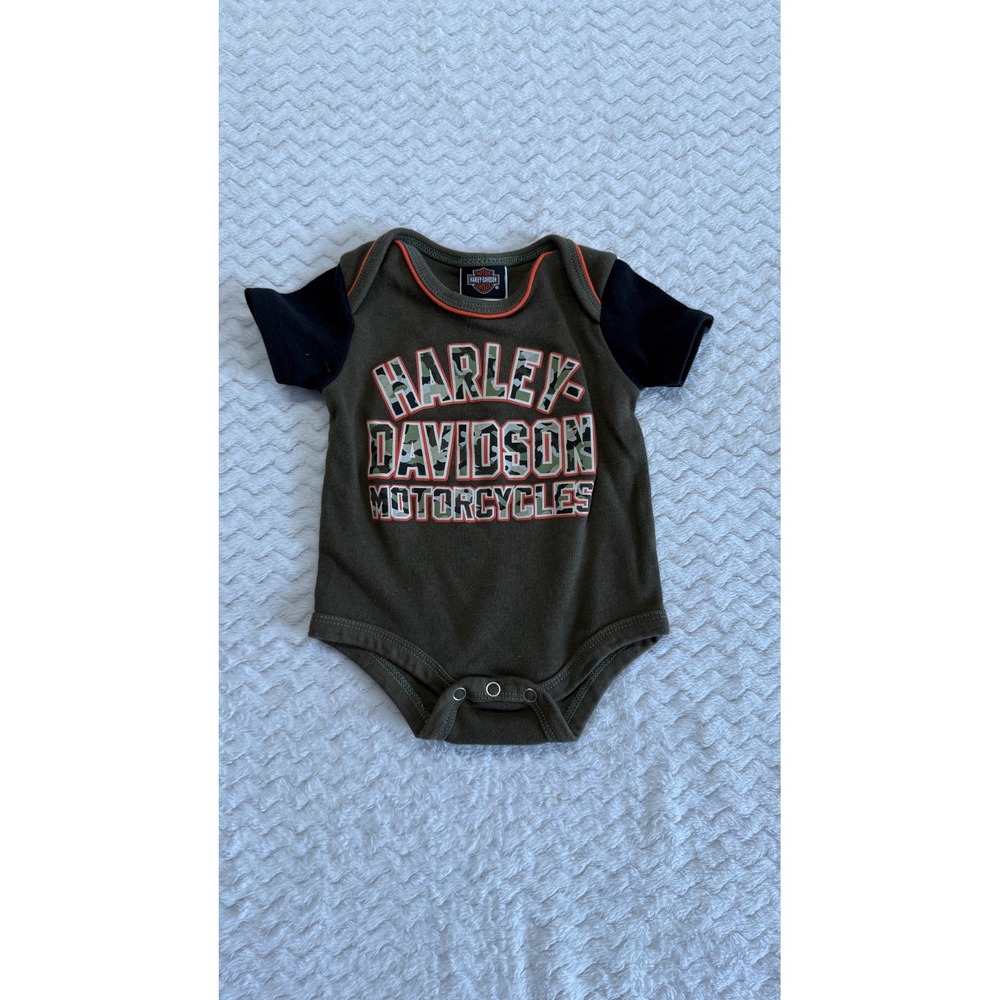 Harley Davidson Baby Bodysuit 0/3M Olive Green Camo Logo Short Sleeve 4254